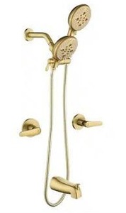 lot 23495 image: Fapully Double Handle 5-Spray Tub and Shower Faucet 2.5 GPM Dual Head Tub Faucet with Hand Shower in Brushed Gold- Retail $241
