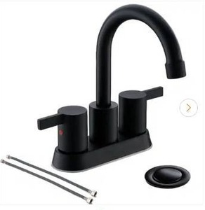 lot 23514 image: Phiestina 4 Inch 2 Handle Centerset Matte Black Lead-Free Modern Bathroom Faucet with Pop Up Drain and Water Supply Lines