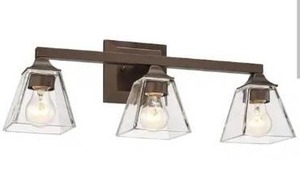 lot 23577 image: Industrial 22 in. 3-Light Oil Rubbed Bronze Vanity Light Over Mirror with Clear Glass Shade