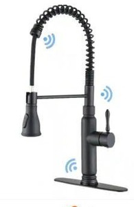 lot 23619 image: Magic Home Touchless Single Handle Pull Out Sprayer Kitchen Faucet with Deckplate Included in Matte Black- Retail $238
