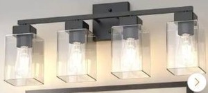 lot 23526 image: YANSUN 25 in. 4-Light Matte Black Vanity Light with Square Glass Shades-Modern Bathroom Wall Fixture