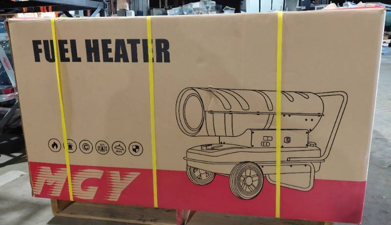 lot 5825 image: Professional Grade Industrial 100KW 110V Fuel Forced Air Heater w Wheels-Comprehensive Control System-IPX4 Protection Rating & Safety Certifications MGY-100kW 109x48x62cm Weight 44.5kg Perfect for construction sites, warehouses, and large outdoor spaces.