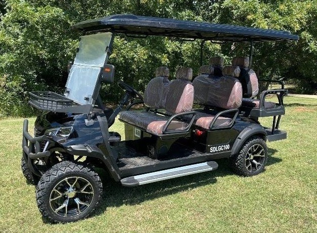 lot 1017 image: Extremely Nice Unused 6-Person SDLGC100 Golf Cart 4000W 60V-50 Mile Range-6 Luxury Seats w Headrests-DOT Seat Belts-DOT Acrylic Foldable Windshield-Headlights-Tail Lights-Turn Signals-Rear View Mirror-Horn-Rear Camera-LSUV Legal.