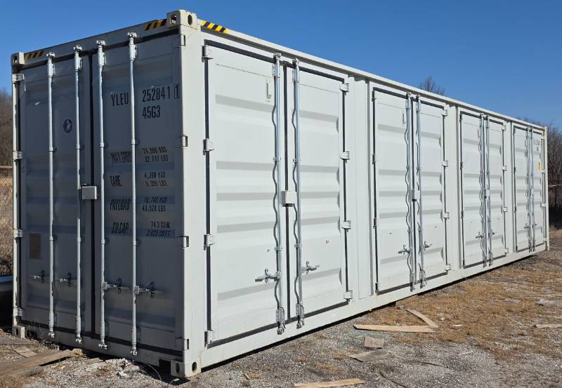lot 9001 image: One Way Use - 40 Long High Cube Container with Double Rear & Four (4) Side Double Doors - Used One Time To Ship To Mother Road Auctions & Sales -Weather, Rodent & FireproofDelivery Available