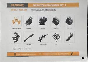 lot 7095 image: 10Pcs - Starvox Mini Excavator Attachment Set  Model 12EX-ASA  Fits 0.8T1.8T Excavators  Includes Buckets 8, 24, and 32 Augers 8 and 12, Bucket Teeth & Side Cutter Set (5), Quick-Change Coupler, Rake, Ripper, & Gripper
