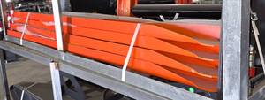 lot 3571 image: Unused Industrial Orange 7ft Forklift Extensions - Heavy-Duty Steel Forklift Extensions Designed to Increase Fork Length for Handling OversizedLonger Loads. Built with Hollow Rectangular Construction & Reinforced Mounting Brackets for Secure Fitment.