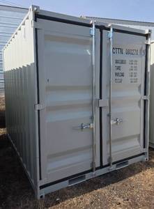 lot 8500 image: 10ft Steel Storage Container w Double Rear Doors w Lock Box and a Personnel Side Locking Door and Window with Security Bars.