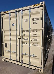lot 1050 image: One Way Use - 40 Long High Cube Container with Double Rear & Four (4) Side Double Doors - Used One Time To Ship To Mother Road Auctions & Sales -Weather, Rodent & FireproofDelivery Available