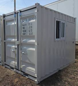 Future 10ft Office/Storage Container - Double Rear Cargo Doors w/ Lock Box, Window Covered with Security Bars and Locking Personnel Walk Through Locking Door w/ Keys