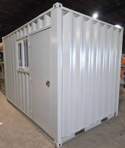 lot 8214 image: Future 12ft OfficeStorage Container - Double Rear Cargo Doors w Lock Box, Window Covered with Security Bars and Locking Personnel Walk Through Locking Door w Keys - See Description for Cosmetic Issue