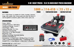 lot 3335 image: Unused LandHonor 5-in-1 Heat Press LHR-P8038 - For Shirts, Hoodies, Banners, Mugs, Hats, Plates, Tiles, Mouse Pads & Other Flat Items -Can Be Applied to Ceramics, Glass, Cotton, Linen, Nylon, Etc