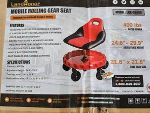 lot 3392 image: Unused LandHonor Mobile Rolling Gear Seat w Adjustable Height - 400lb Weight Capacity  LHR-GS400