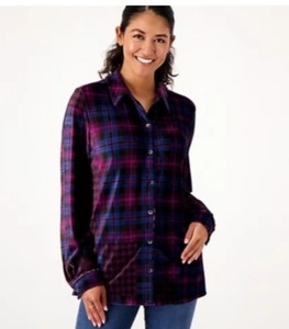 lot 1243 image: Susan Graver Weekend Regular Plaid Knit Corduroy Button Up ShPlumInk, Medium