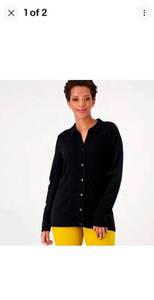 lot 1251 image: Isaac Mizrahi Live Cashmere Button Front Cable Stitch Sweate Jet Black X-Large
