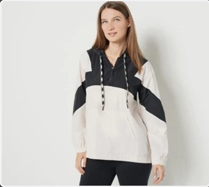 lot 1263 image: Susan Graver 56 Sport Colorblocked Pullover Hooded Jack BlackCream, Size 2X