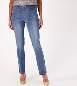 lot 1267 image: Belle by Kim Gravel TripleLuxe Pet Denim Straight Leg Jeans Vintage Indigo Plus Petite 22