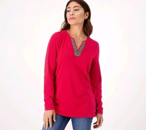lot 1271 image: Belle by Kim Gravel TripleLuxe Knit Beaded V-Neck Tunic Raven Red, Size 2X