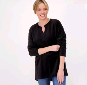 lot 1288 image: Denim & Co. Regular Velour Split Banded V-Neck Hi-Low Tunic Black Small