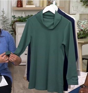 lot 1317 image: Denim & Co. Essentials Regular Interlock Cowl Neck Tunic Deep Pine, X-Large