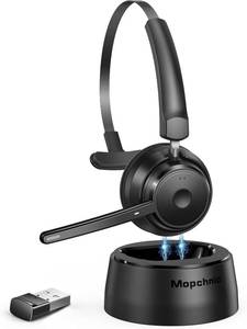 lot 7099 image: Mopchnic Bluetooth Headset, Wireless Headphone with Microphone, On Ear Bluetooth with USB Dongle for Office Call Center Skype Zoom Meeting Online Class (KH113M)