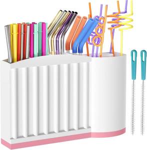 lot 7119 image: Straw Holder and Organizer for Reusable Straws Rack with Strong Suction Cup & Adhesive, Under Cabinet or On Wall Mount, No Drill Kitchen Organization for Metal, Glass, Silicone Straws  White Pink
