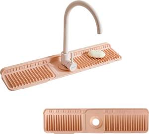 lot 7121 image: 17.7 Silicone Sink Splash Guard - Multi-Functional Kitchen Sink Mat with Drip Tray, Sponge Holder & Soap Dish, 6 Slope Design for Easy Drainage, Foldable & Fasten Button for Secure Fit Pink