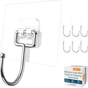 lot 7125 image: GLUIT Adhesive Large Wall Hooks for Hanging Heavy Duty 22 lbs Hooks for Walls No Damage, Towel Sticky Clear Hooks, Waterproof, Home, Bathroom, Kitchen, Office, and Outdoor 6 Pack