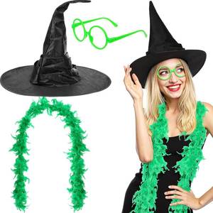 lot 7131 image: Yearntown 3 Pcs Halloween Witch Costume Accessories Include Crooked Ruched Wizard Hat Green Feather Boas Green Glasses for Halloween Movie Cosplay Props Role-playing Party