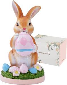 lot 7136 image: hollishowe Cute Bunny Figurine Decor - 7.8 Inch Resin Rabbit Statue for Kids Room, Spring Home Decor, Desk Shelf Ornaments, Gift for Children & Collectors
