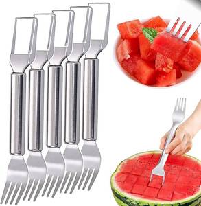lot 7159 image: 5Pcs Watermelon Fork Slicer Cutter, Stainless Steel 2-in-1 Watermelon Fork Slicer, Dual Head Knife with Integrated Sharp Blade, Portable Tool for Kitchen Fruit Cubes Party Camping Gadget