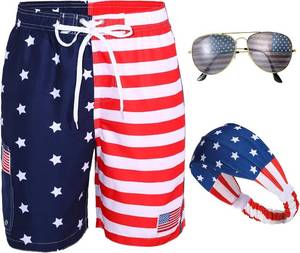 lot 7177 image: Yahenda 4th of July Shorts Mens USA American Flag Shorts Mens Swim Trunks with Headband Sunglasses Red Blue White Pants 2XL