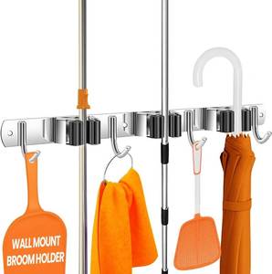 lot 7178 image: The Good Stuff Compact Mop and Broom Holder Wall Mount   Stainless Steel Organizer with 3 Racks and 2 Hooks   Rust-Resistant, Space-Saving Tool Hanger for Closet, Kitchen, Garage, or RV