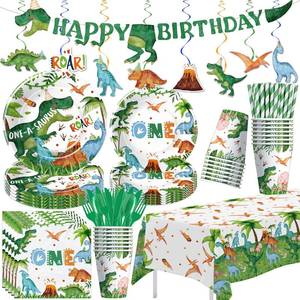 lot 7179 image: Srua Don Dinosaur First Birthday Party Supplies Tableware, Dino Theme Dinosaur Party Decorations for 1st Birthday Baby Shower, Paper Plate, Cup, Napkin, Tablecloth, Cutlery, Swirls, Banner, Serves 24
