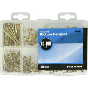 lot 35911 image: The Hillman Group  536165 Heavy Duty Picture Hanging Kit  Steel  Brass Finish  (10-100lb) 200 Piece