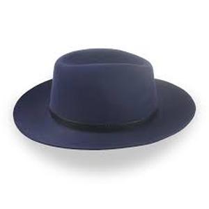 lot 30965 image: blue fedora hat with a black leather band and silver buckle