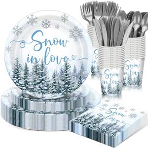 lot 23639 image: Sunnychicc 168 Pcs Snow in Love Bridal Shower Decorations Winter Snowflake Tableware Set Snowy Disposable Paper Plates Cups Utensils for Winter Wedding Party Decorations Serve 24