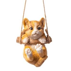 lot 23640 image: HYFAN Resin Cute Swing Small Cat Sculpture Outdoor Garden Home Office Room Hanging Decor Statue Figurine Pet Ornament Decoration with String (Orange)