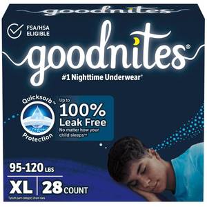 lot 23671 image: Goodnites Boys Nighttime Bedwetting Underwear, Size Extra Large (95-120 lbs), 28 Ct (2 Packs of 14), Packaging May Vary