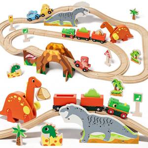 lot 23679 image: Lehoo Castle Wooden Train Set, Dinosaur Wooden Train Track Set, Wood Toy Train Set for Toddlers 2-4, Train Toys for Toddlers 3-5, Fits Thomas, Fits Brio, Fits Melissa and Doug