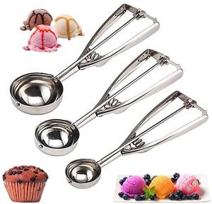 lot 28907 image: Cookie Scoop Set 3 PCS, with Trigger Large-Medium-Small Size for Kitchen Family Ice Cream Cookie Cupcake Muffin Meatbal multipurpose tainless Steel Ice Cream Scooper