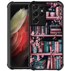 lot 28911 image: SKAMIX for Samsung Galaxy S21 Ultra Case,Soft Silicone Shockproof Bumper Camera Protection Phone Case-Pink Cherry Blossom Bookshelf