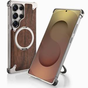 lot 28938 image: OATSBASF Magnetic Wood Case Compatible with Samsung Galaxy S25 Ultra, Natural Wood & Aluminum Shockproof Protective Cover Unique Wooden Case with 360° Ring Stand, Natural Titanium