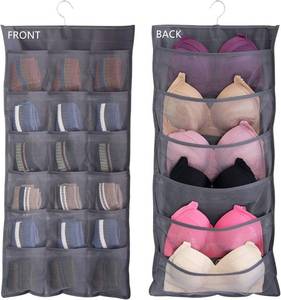 lot 39246 image: Ymemok Hanging Mesh Pockets Dual-Sided Closet Organizer for Underwear,Bra,Socks,Accessories with Hanger,Total 24 Pockets Grey