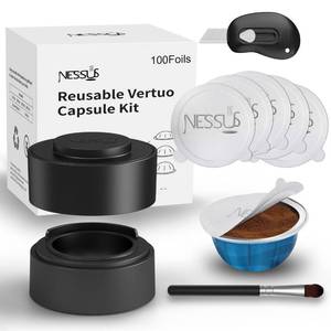 lot 54223 image: Nessus Reusable Kit for Nespresso Pods Vertuo, Reuse Old Coffee Pods for Nespresso Vertuo 100 Pcs Aluminum Foil Seal Lid, Holder, Brush, Refillable Vertuo Plus Next Capsule Machine(No Pods Come)
