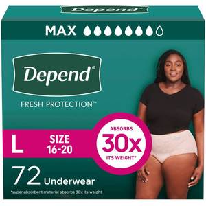 lot 63883 image: Depend Fresh Protection Adult Diapers, Incontinence & Postpartum Bladder Leak Underwear for Women, Disposable, Maximum, Large, Blush, 72 Count (2 Packs of 36), Packaging May Vary