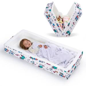 lot 63887 image: Umoving Portable Foldable Toddler Travel Bed Air Layer Fabric Soft Foam Floor Crib with Safety Rails, No Assembly, Washable Cover, Compact Kids Sleep Solution for Home, Trips & Daycare, Cream