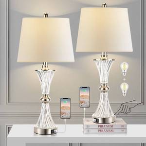 lot 63890 image: Hamucd Touch Control Table Lamp for Bedrooms 3 Way Dimmable White Drum Shade Modern Bedsides Nightstand lamp Set of 2 with 2 USB Charging Port(Bulbs Included)
