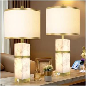 lot 63893 image: Natural Alabaster Table Lamps Set of 2 - Table Lamp with Night Light for Bedroom,Nightstand Lamps with USB Ports,Bedside Lamps with Linen Fabric Shade for Living Room,Bedroom,Office,Bar(Bulb Included)