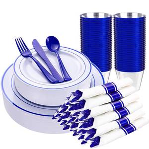 lot 63897 image: WELLIFE 210 Piece Blue Disposable Dinnerware Set,Plastic Plates for Party, Include 30 Dinner Plates, 30 Dessert Plates, 30 Pre Rolled Napkins with Gold Silverware and 30 Gold Cups