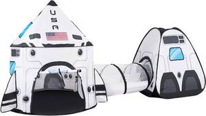 lot 63907 image: JOYIN White Rocket Ship Pop up Play Tent with Tunnel and Playhouse Kids Indoor Outdoor Spaceship Tent Set